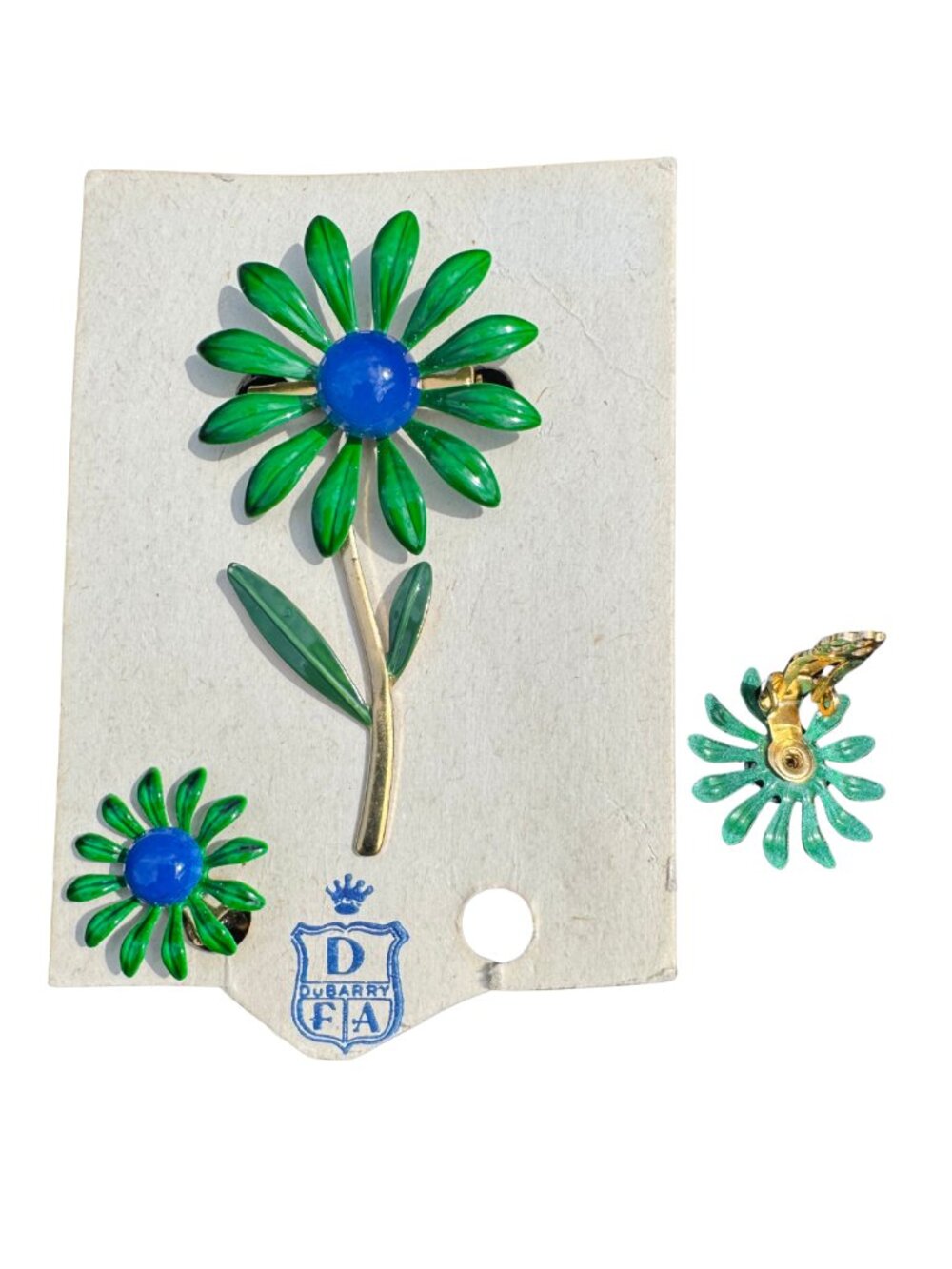 Vintage Dubarry Fifth Avenue Green Enamel Daisy Brooch & Clip Earring Set - Picture 5 of 5
